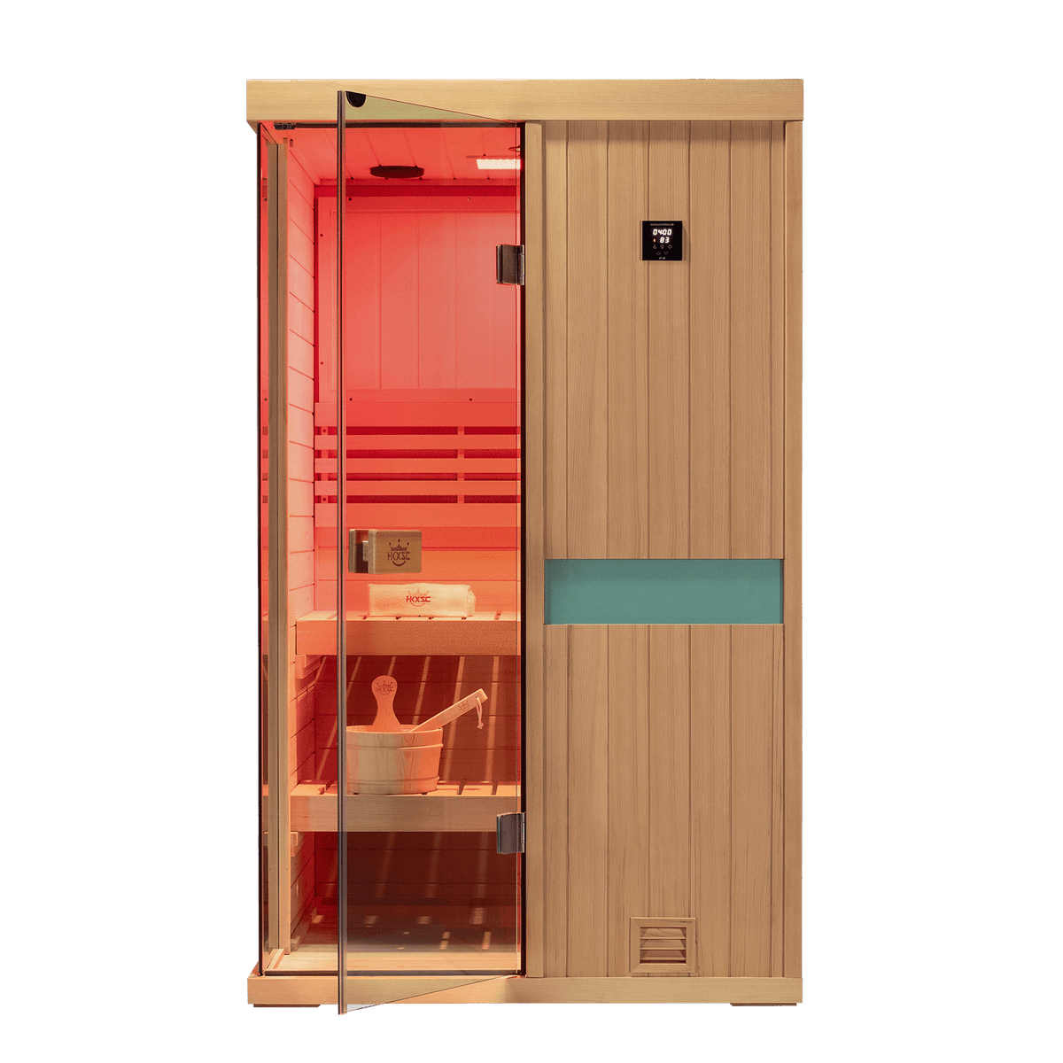 Luxury indoor sauna cabin for 2 people, solid hemlock construction, upgraded 660‑nanometer red‑light system