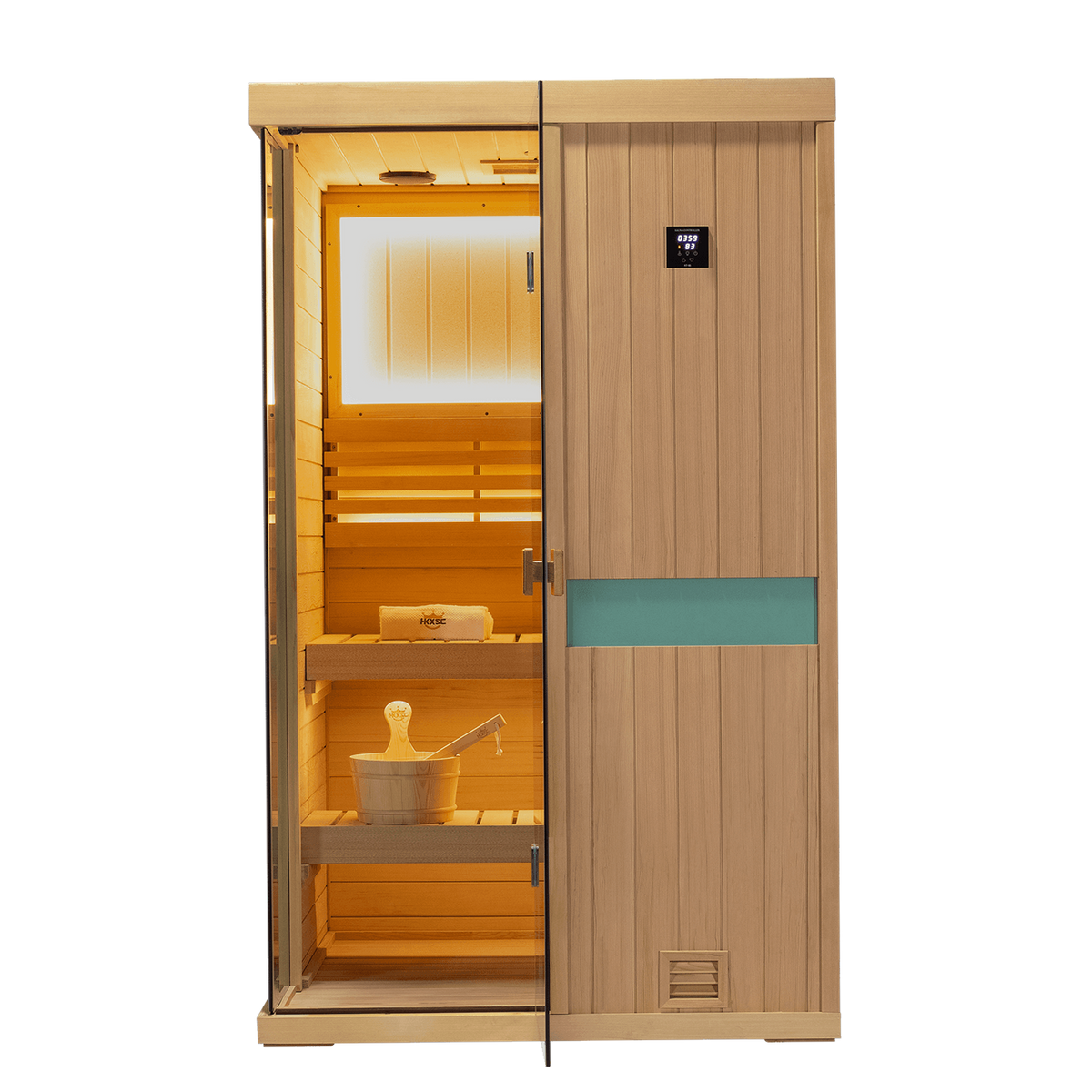 Spacious indoor 2‑seat hemlock sauna room, upgraded version with 660nm red‑light wellness lighting