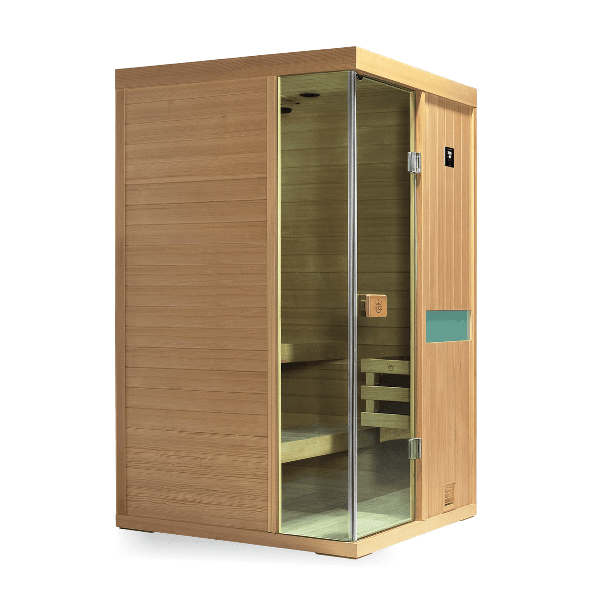 Upgraded 2‑person indoor hemlock sauna cabin with built‑in 660nm red‑light therapy panels