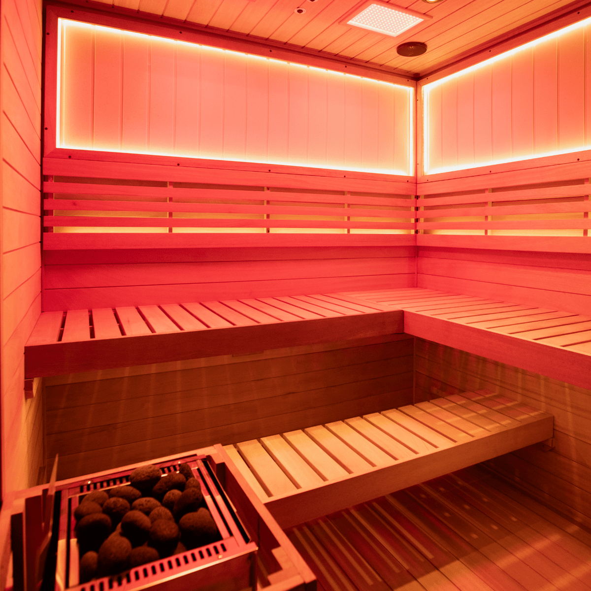 Front view of mahogany 4‑person indoor steam sauna