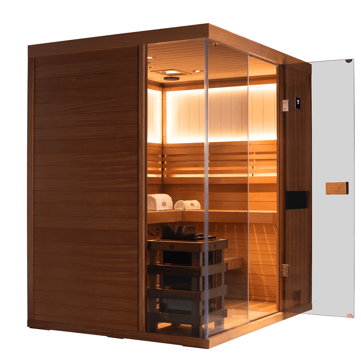 Complete mahogany 4‑person indoor steam sauna unit ready for home spa installation