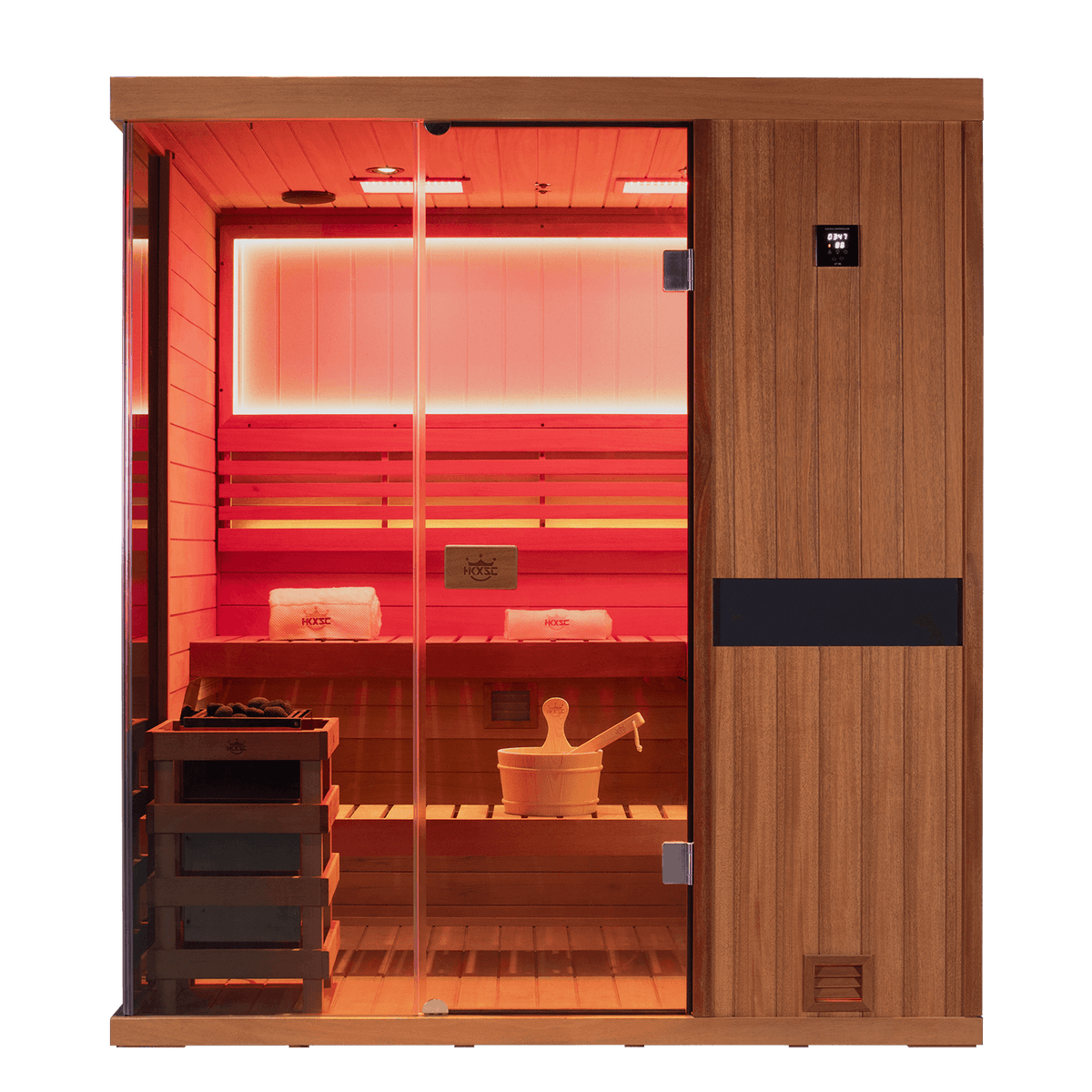 Four‑person indoor mahogany steam sauna placed inside residential home room setting