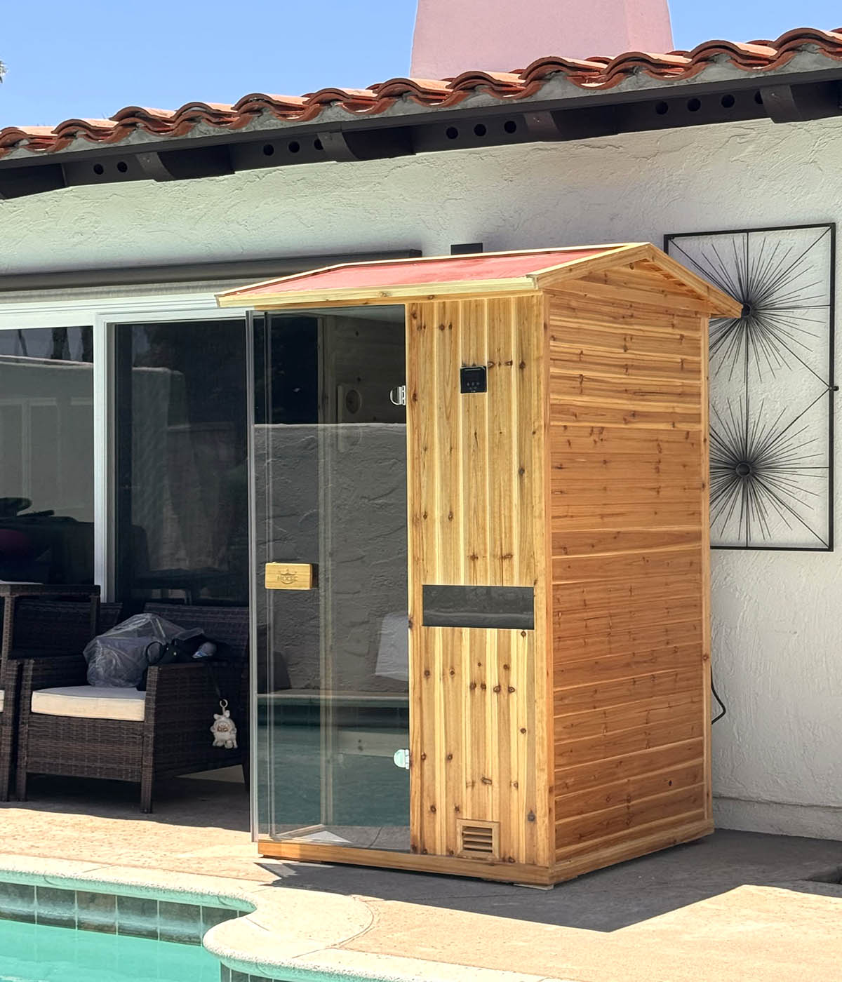 1 Person Outdoor Solid Wood Steam Sauna with 240V Heater, Tempered Glass Door, Home Spa Sauna Cabin with Protective Cover & Floor Mat