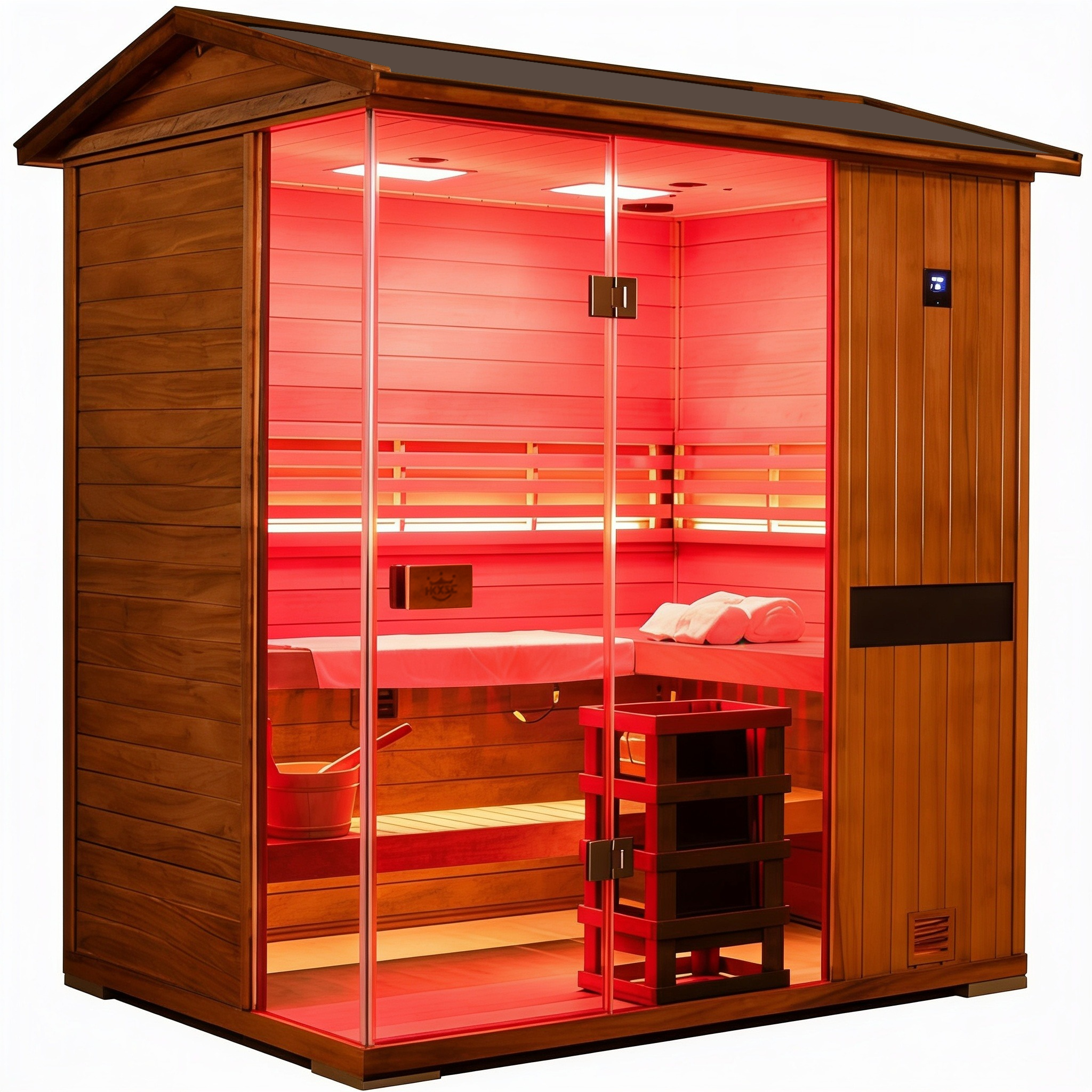 HKXSC 704VT 4-Person Outdoor African Mahogany Steam Sauna with V-Roof and Negative Ion Therapy
