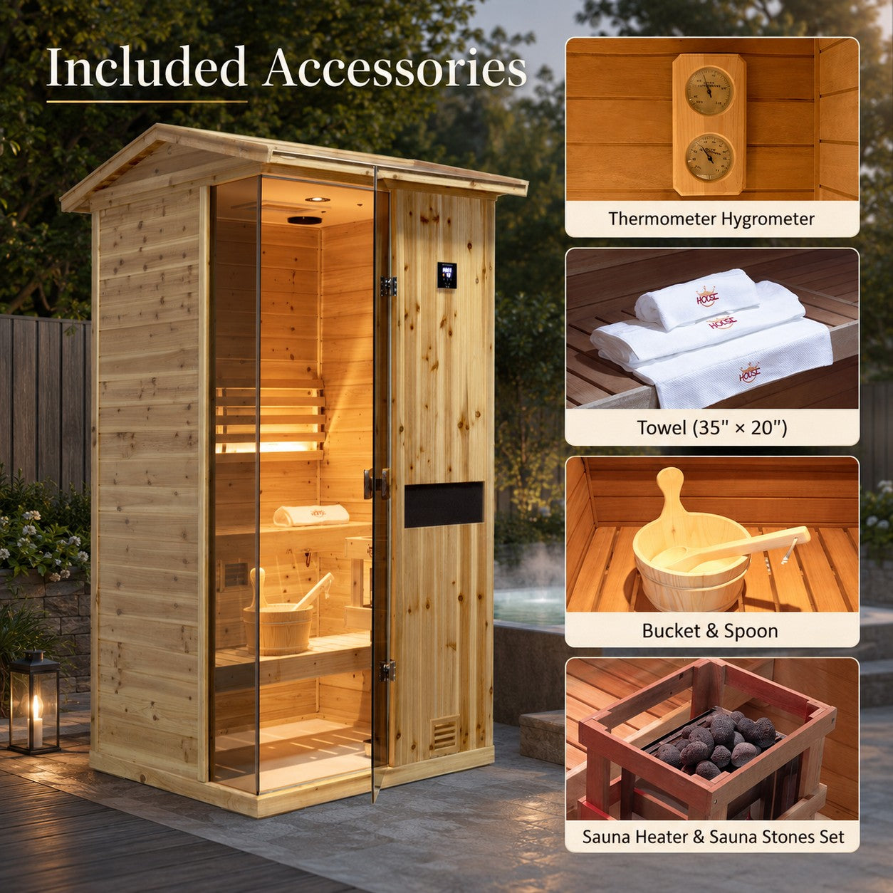HKXSC 701VS 1-Person Outdoor Steam Sauna – Complete Accessories Set Including Sauna Heater, Wooden Bucket, Ladle, Thermometer and Essential Sauna Accessories for a Full Backyard Spa Experience