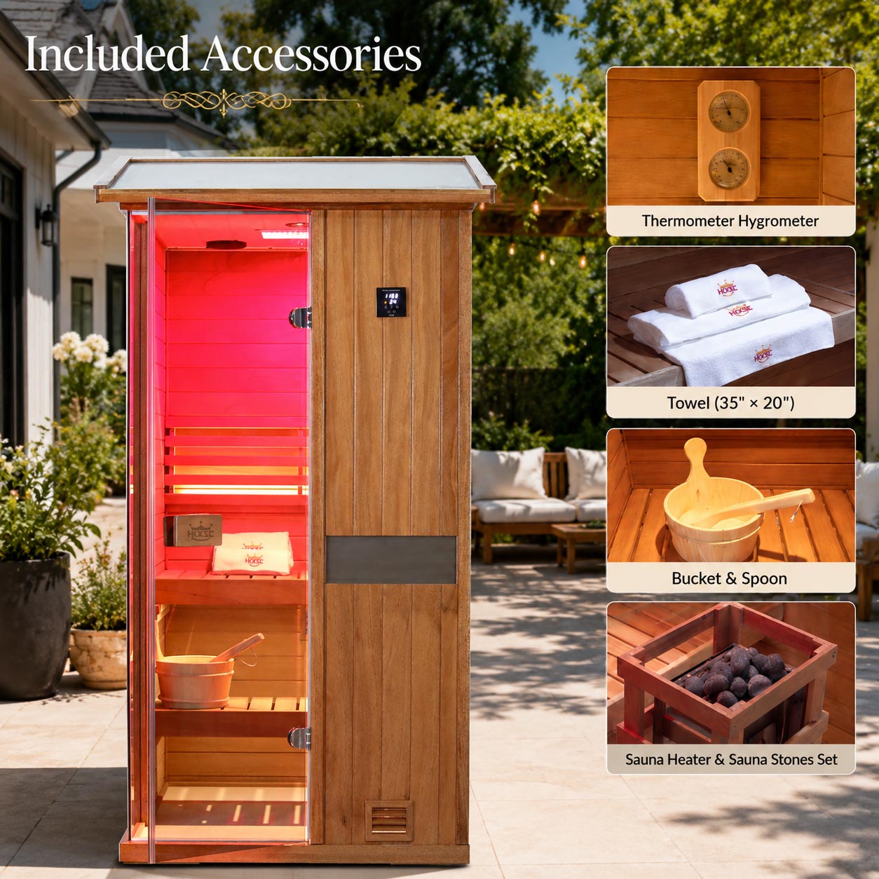 HKXSC 701VT 1-Person Outdoor Mahogany Steam Sauna – Complete Accessories Set Including Steam Generator, Wooden Bucket, Ladle, Thermometer and Essential Sauna Accessories for a Full Backyard Spa Experience