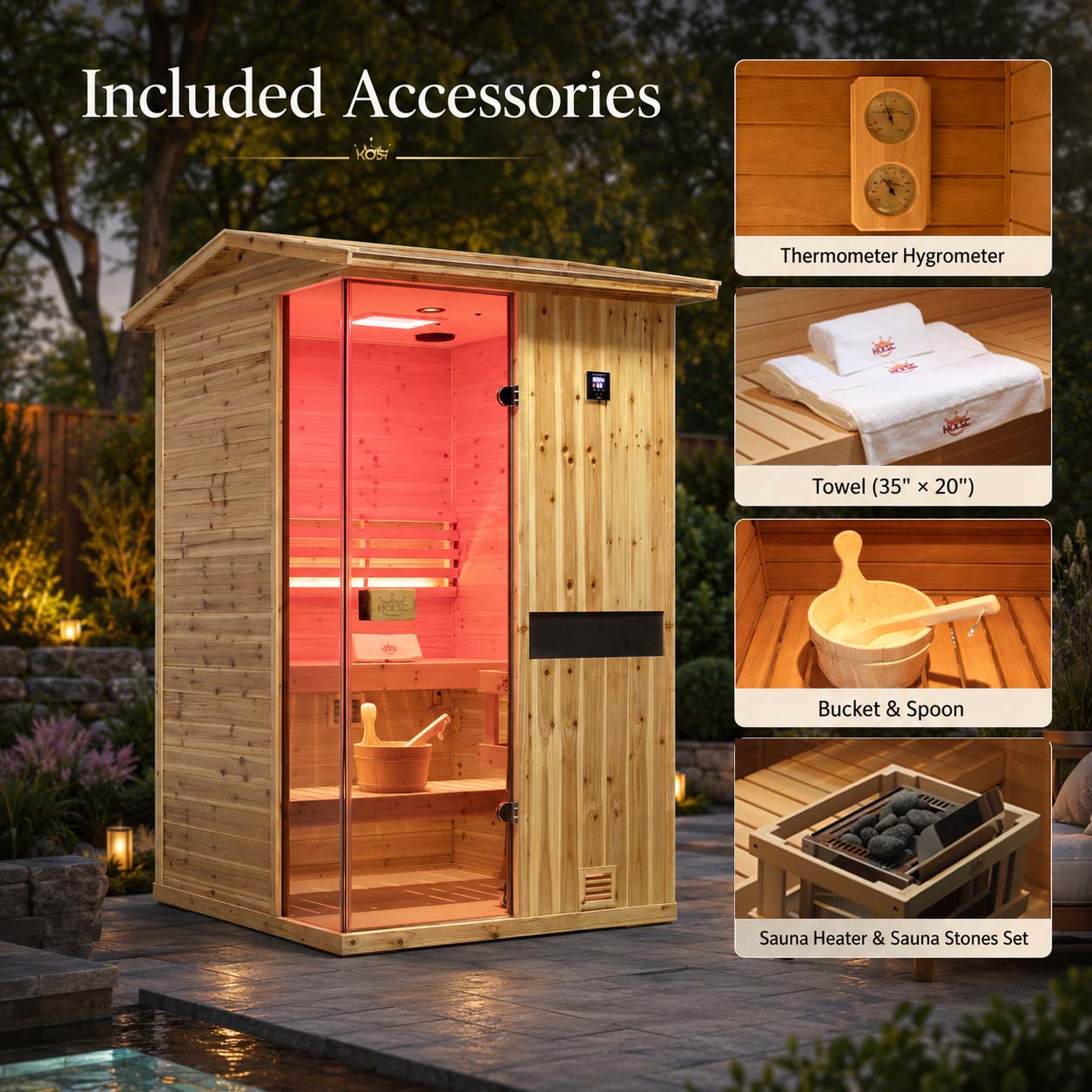 HKXSC 702VS 2-Person Outdoor Steam Sauna – Complete Accessories Set Including Sauna Heater, Wooden Bucket, Ladle, Thermometer and Essential Sauna Accessories for a Full Backyard Spa Experience