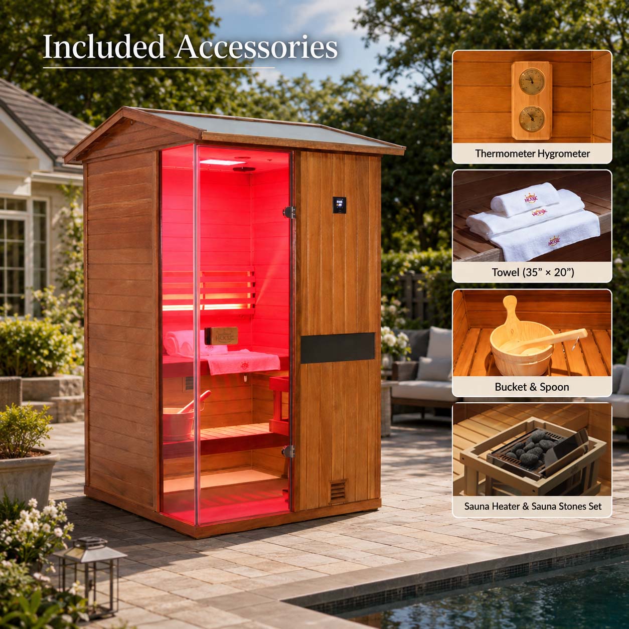 HKXSC 702VT 2-Person Outdoor Mahogany Steam Sauna – Complete Accessories Set Including Steam Generator, Wooden Bucket, Ladle, Thermometer and Essential Sauna Accessories for a Full Backyard Spa Experience