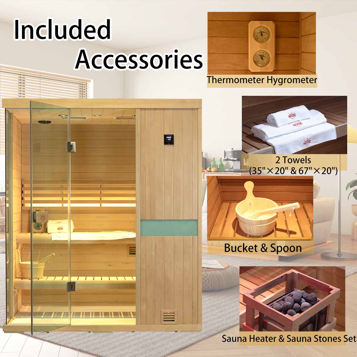 HKXSC 703SH 3-Person Indoor Hemlock Steam Sauna – Complete Accessories Set Including Sauna Heater, Wooden Bucket, Ladle, Thermometer and Essential Sauna Accessories for a Full Home Spa Experience