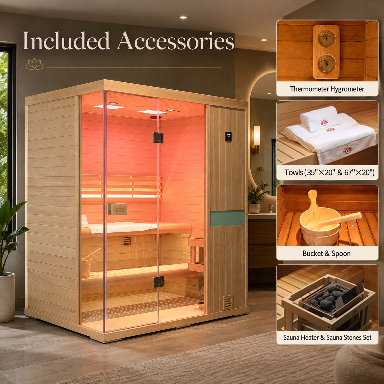 HKXSC 703SH 3-Person Indoor Hemlock Steam Sauna – Complete Accessories Set Including Sauna Heater, Wooden Bucket, Ladle, Thermometer and Essential Sauna Accessories for a Full Home Spa Experience