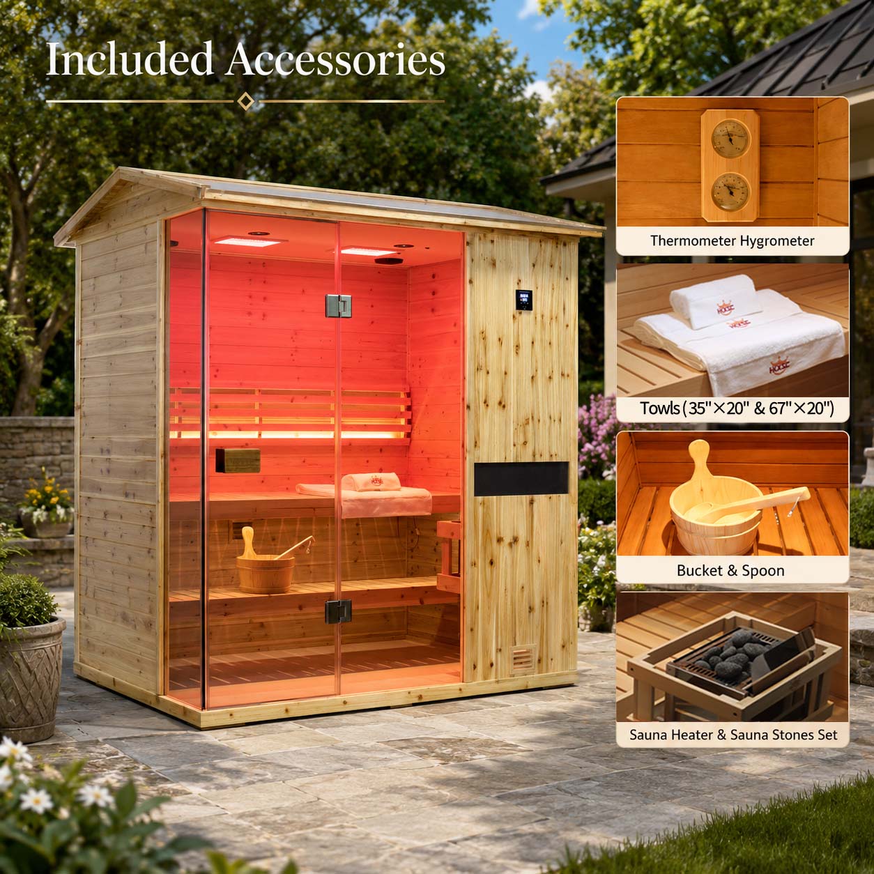 HKXSC 703VS 3-Person Outdoor Steam Sauna – Complete Accessories Set Including Sauna Heater, Wooden Bucket, Ladle, Thermometer and Essential Sauna Accessories for a Full Backyard Spa Experience