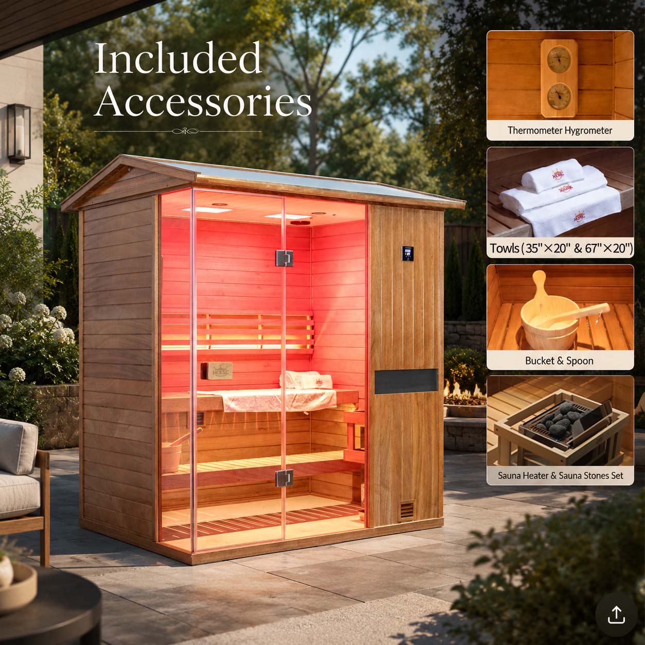 HKXSC 703VT 3-Person Outdoor Mahogany Steam Sauna – Complete Accessories Set Including Sauna Heater, Wooden Bucket, Ladle, Thermometer and Essential Sauna Accessories for a Full Backyard Spa Experience