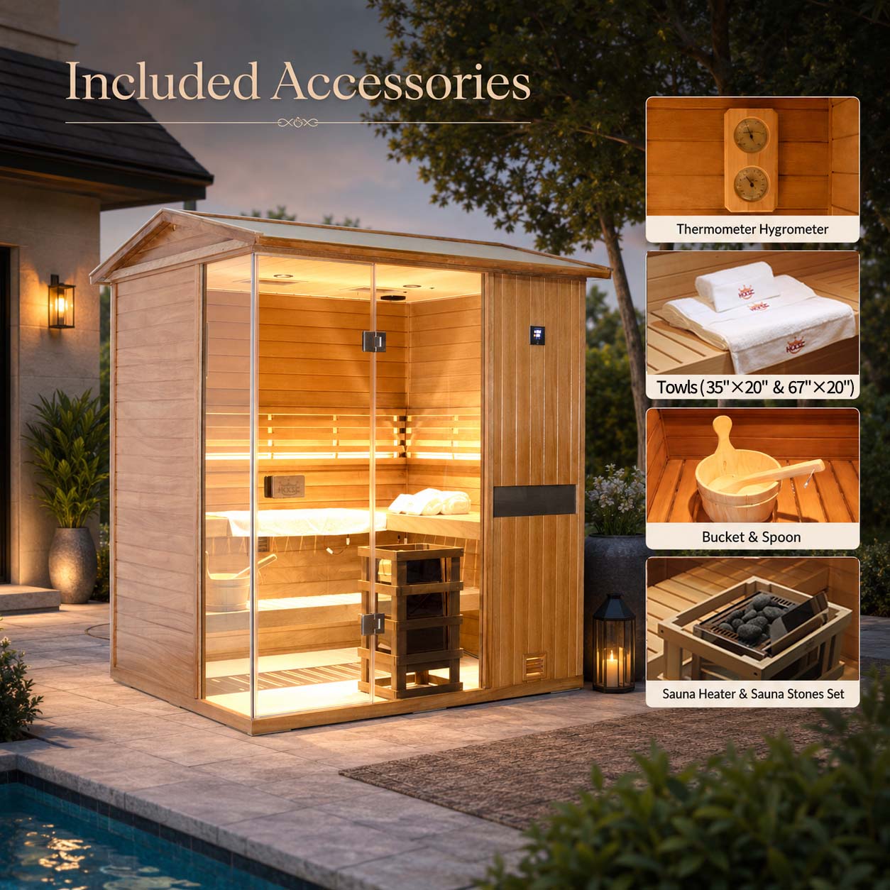 HKXSC 704VT 4-Person Outdoor Mahogany Steam Sauna – Complete Accessories Set Including Sauna Heater, Wooden Bucket, Ladle, Thermometer and Essential Sauna Accessories for a Full Backyard Spa Experience
