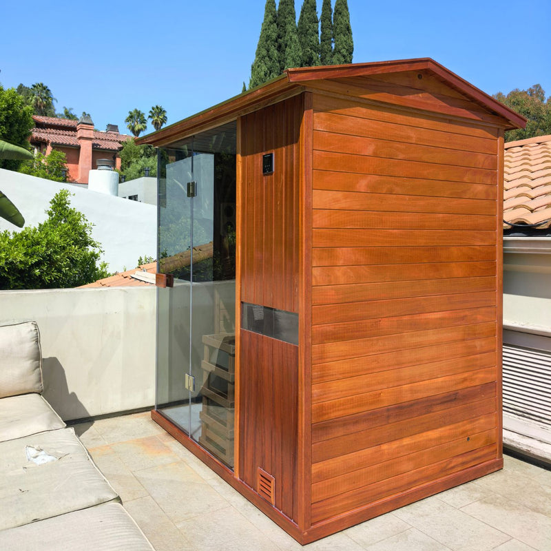 Energy efficient insulated steam sauna cabin with thick solid wood wall panels that lock heat inside steadily, reduce power consumption while maintaining consistent comfortable steam temperature