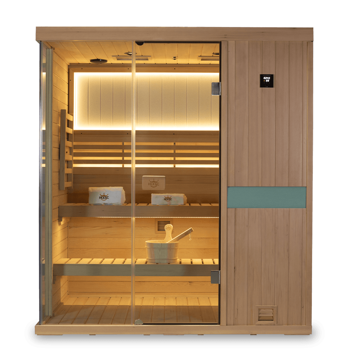 Interior view of HKXSC 703SHU upgraded hemlock indoor steam sauna for three adults