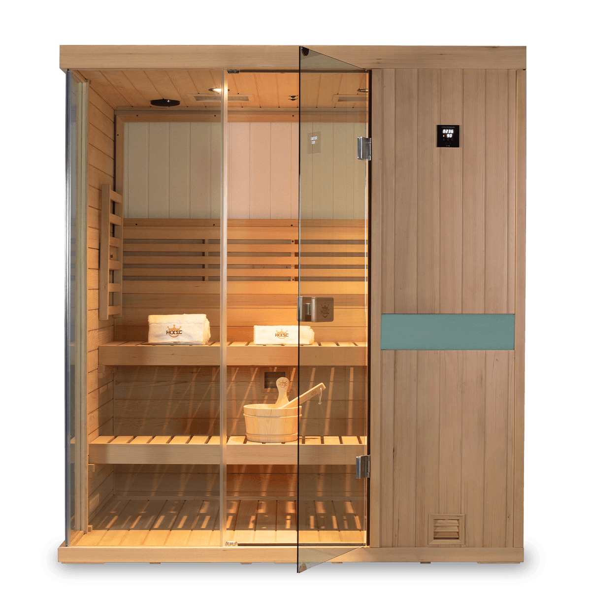 Solid hemlock wood HKXSC 703SHU three person indoor steam sauna for family wellness