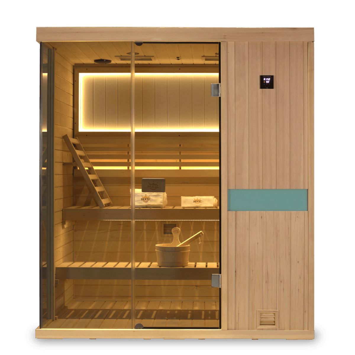 Front view of HKXSC 703SHU 3-person hemlock steam sauna, upgraded indoor home sauna model