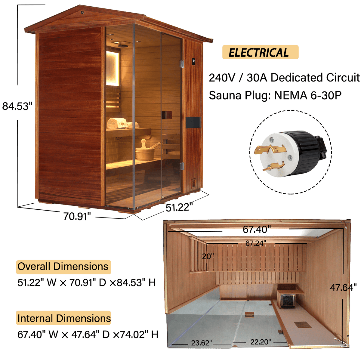 HKXSC_Outdoor_Backyard_Upgraded_Traditional_Steam_sauna_703VTU_ALL_INCH Size layout of upgraded single steam sauna, showing exterior