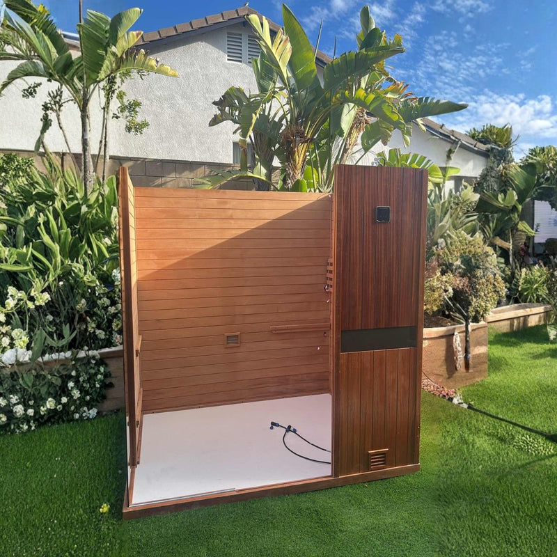 HKXSC Relaxing outdoor backyard spa scene, negative‑ion steam sauna ready for daily health and relaxation sessions