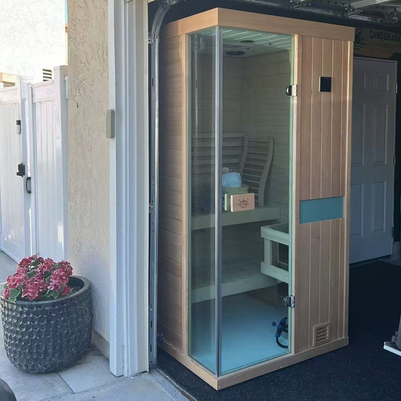 fully‑assembled HKXSC indoor steam sauna in living room, 5‑star positive review HKXSC Steam Indoor Sauna Beautiful Home Sauna Ready for Use