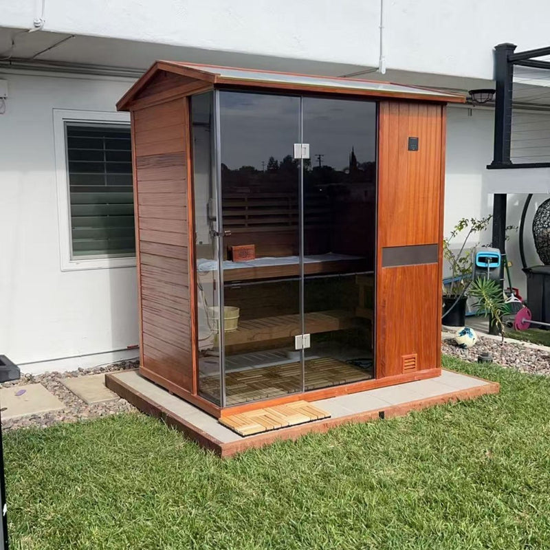 outdoor steam sauna designed for year-round outdoor use, anti-mold solid wood panels suitable for humid, rainy and high-sunlight areas like Florida with proper roof ventilation setup
