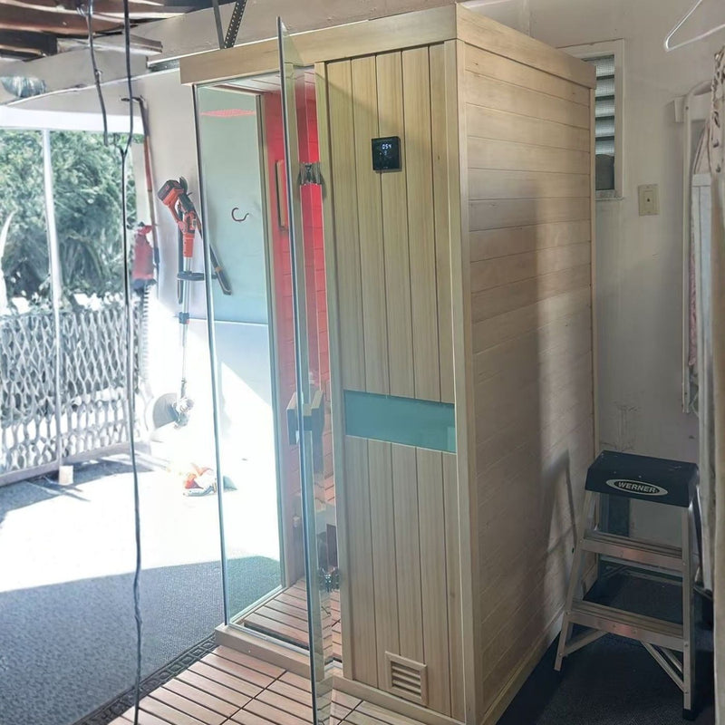 Backyard wellness steam sauna with large transparent glass viewing door, intuitive digital display to monitor internal heat, auto cycle relay to stabilize temperature during extended sauna sessions