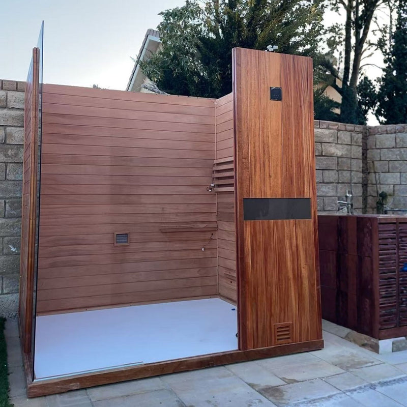 Insulated solid wood steam sauna enclosure with sealed silicone waterproof seams, windproof wooden frame and drainage design, prevents rainwater seepage during outdoor long-term placement