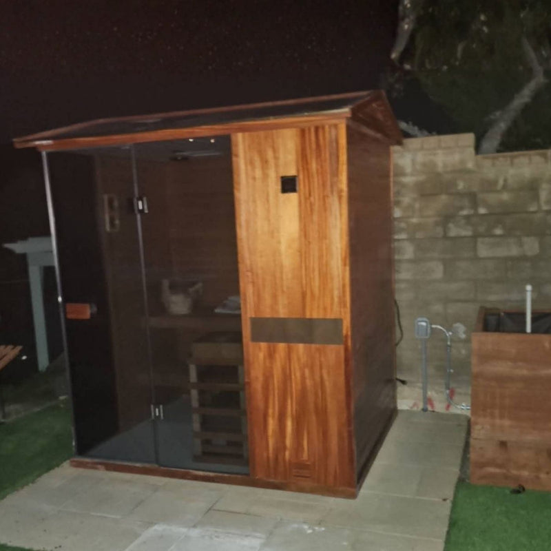 All-in-one household steam sauna kit including weather protective cover, foot mat, sauna hat and replacement heating accessories for backyard installation