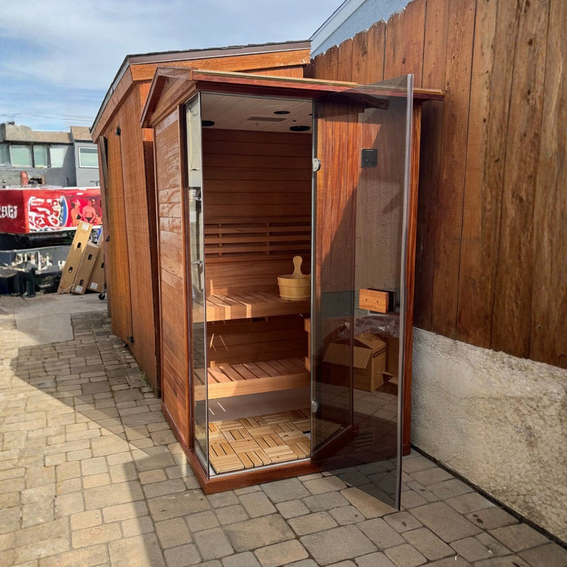 Durable outdoor steam sauna resistant to strong sunlight, rain and high humidity, requires 2–3 inch surrounding gap for heat dissipation