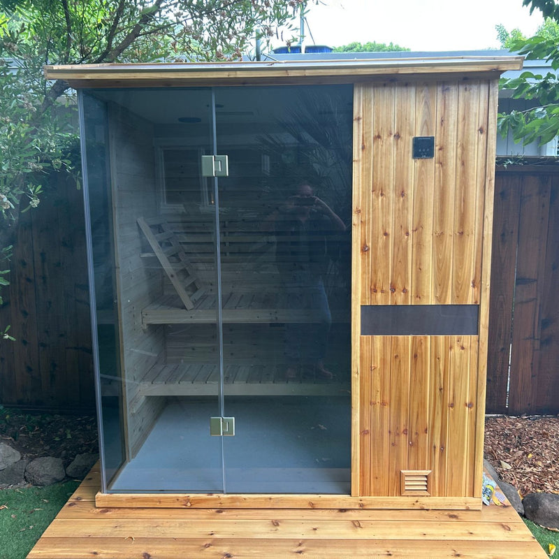HKXSC Steam Sauna High‑Quality 3‑Person Negative Ion Steam Sauna Front‑view photo of three‑person backyard steam sauna with built‑in negative‑ion feature