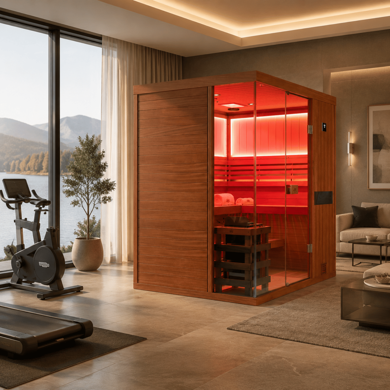 Premium mahogany 4‑person indoor wet steam sauna for family detox and relaxation