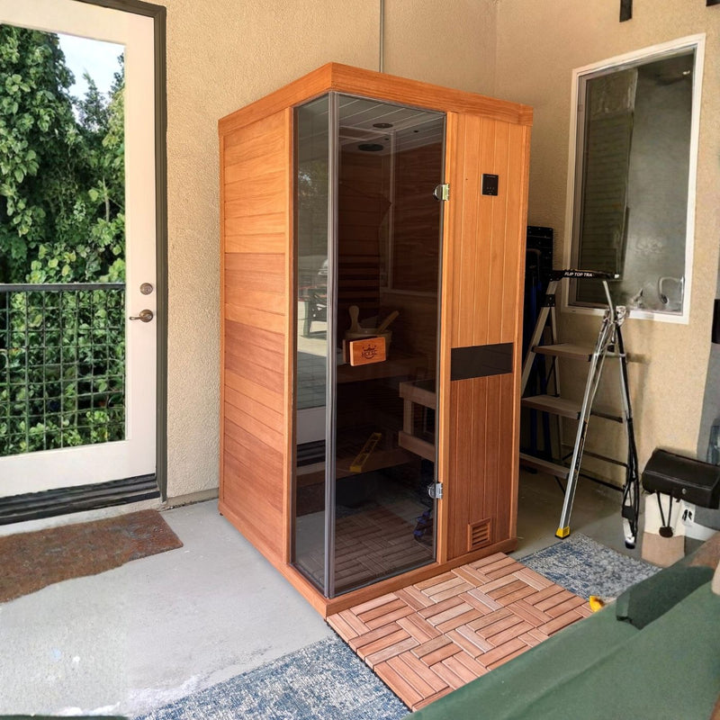 Weatherproof insulated wooden steam sauna with digital temperature controller, preheat 30 minutes for thick, soothing steam from sauna stones