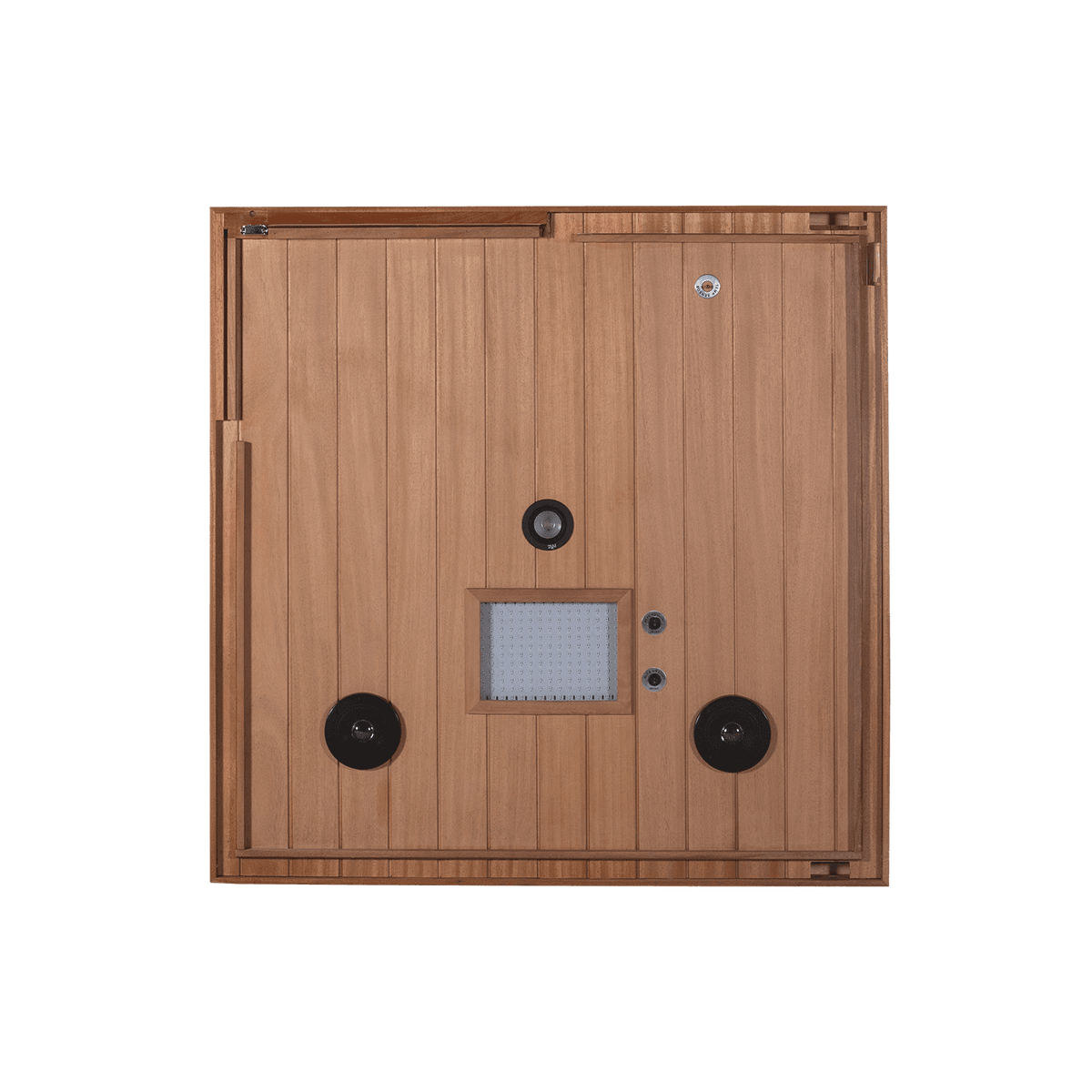 Wide shot of two-person solid mahogany steam sauna cabin in residential space, upgraded wellness features: negative ions + 660nm red light