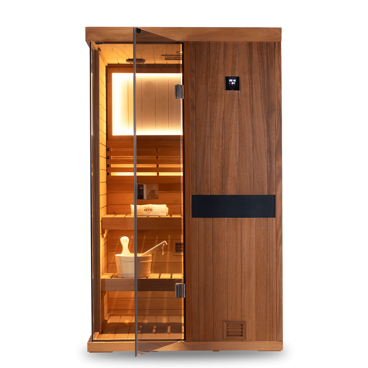 2 Person mahogany steam sauna for indoor home use, traditional steam heating, 660nm red light therapy and negative ion air refresh