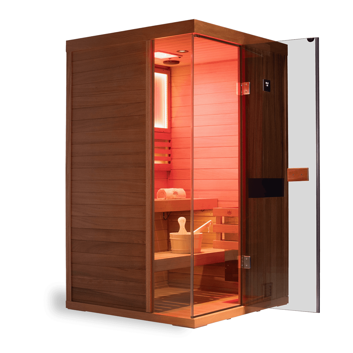 Relaxation scene inside 2 person mahogany steam sauna, 660nm red light therapy on, negative ion running for home wellness