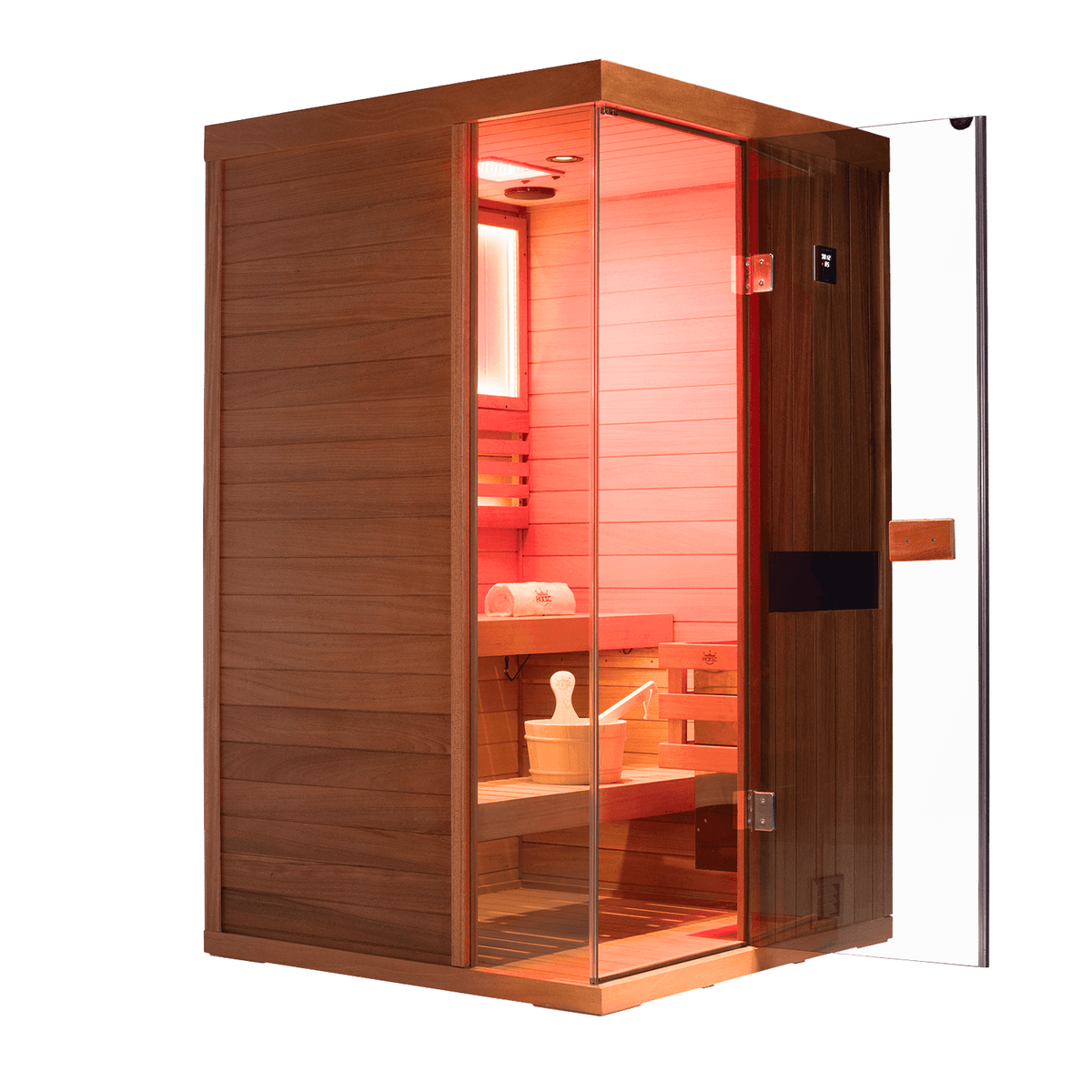 Solid mahogany wooden cabin for 2 adults indoor traditional steam sauna, upgraded model with 660nm red light lights and negative ion function