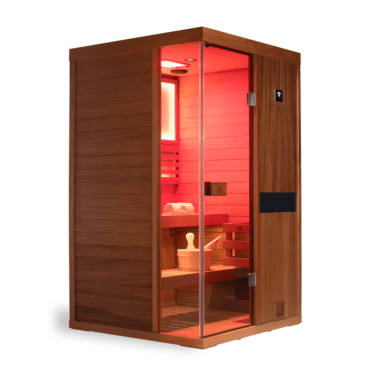 Upgraded home traditional steam sauna for two people, solid mahogany cabin, built-in negative ions and 660nm red light healing lights