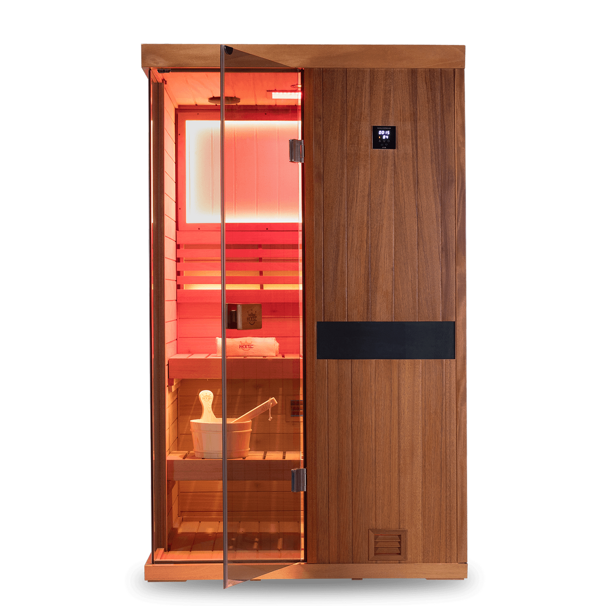 Upgraded two-person indoor mahogany traditional steam sauna equipped with negative ion and 660nm red light therapy panels for home spa relaxation