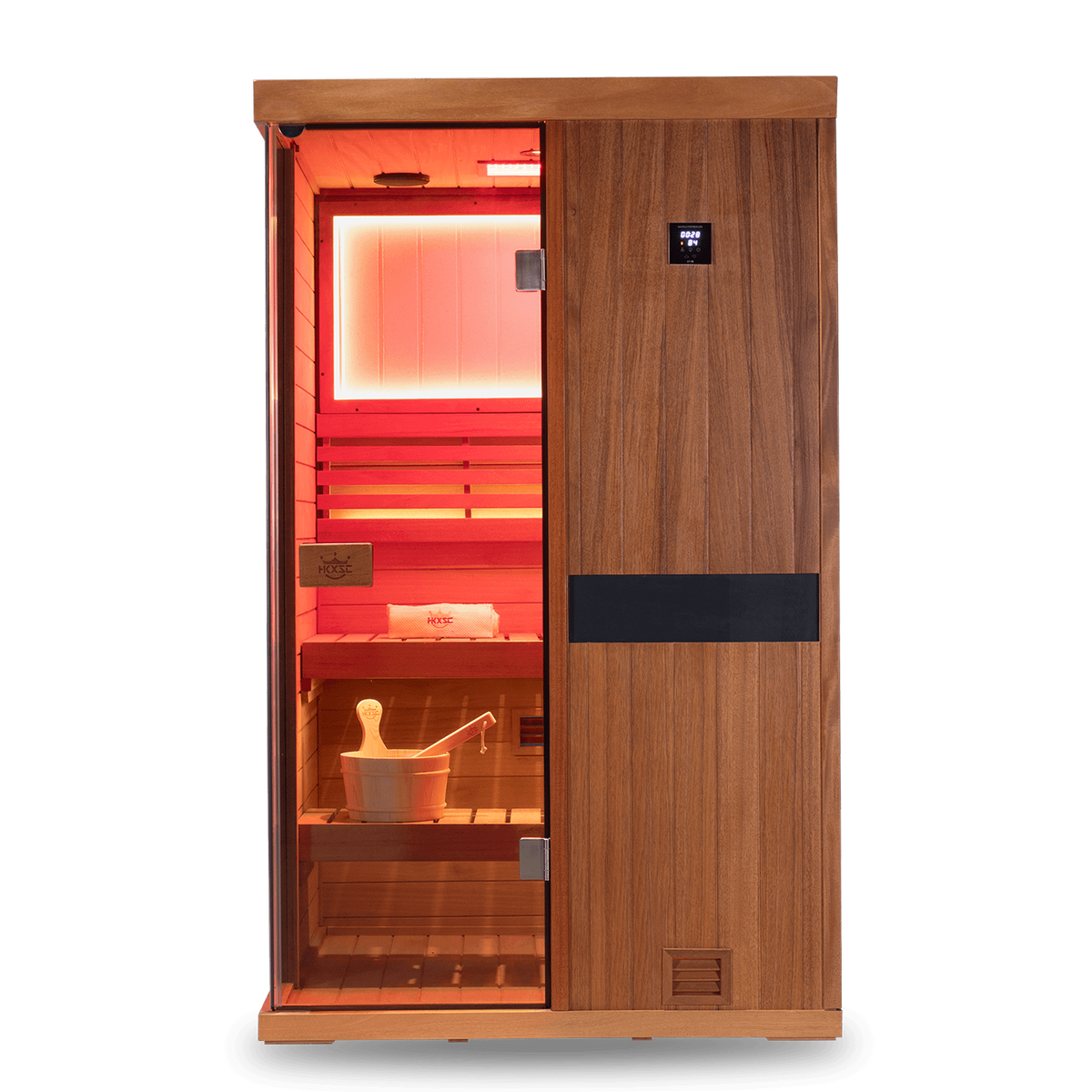 Negative ion control panel inside upgraded 2-person mahogany traditional steam sauna with 660nm red light therapy