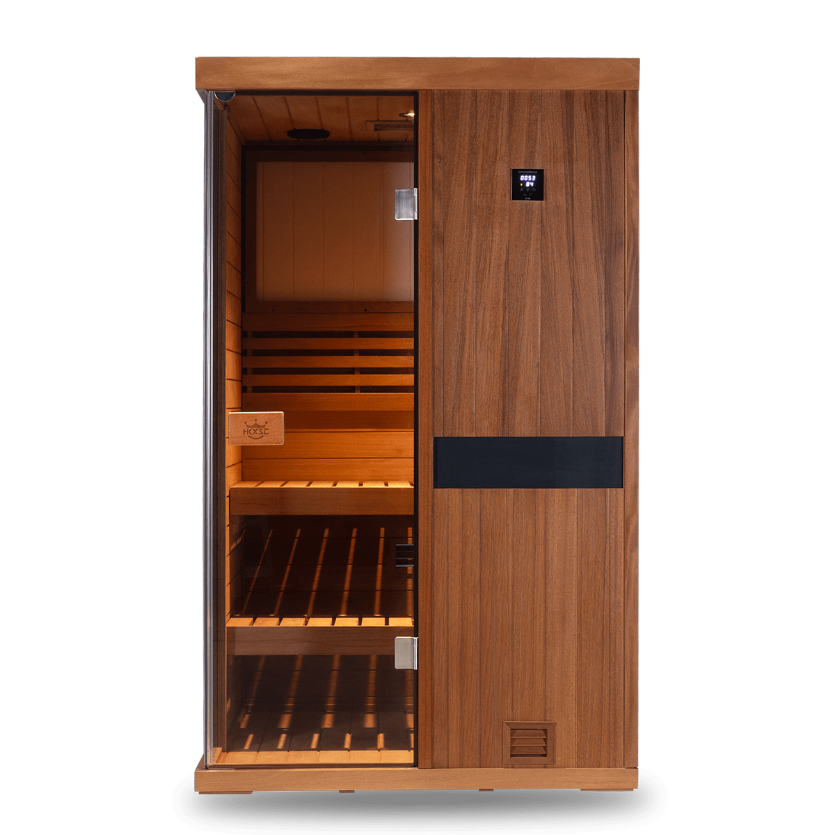 Front view of upgraded traditional steam sauna  2 person, mahogany wood, negative ion air purification and 660nm red light panel