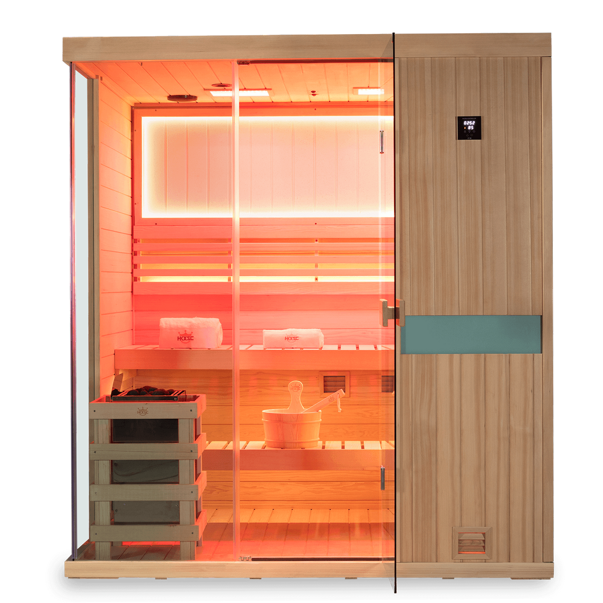Front view of upgraded traditional steam sauna cabin, 4 person capacity, natural hemlock wood, negative ion and 660nm red light