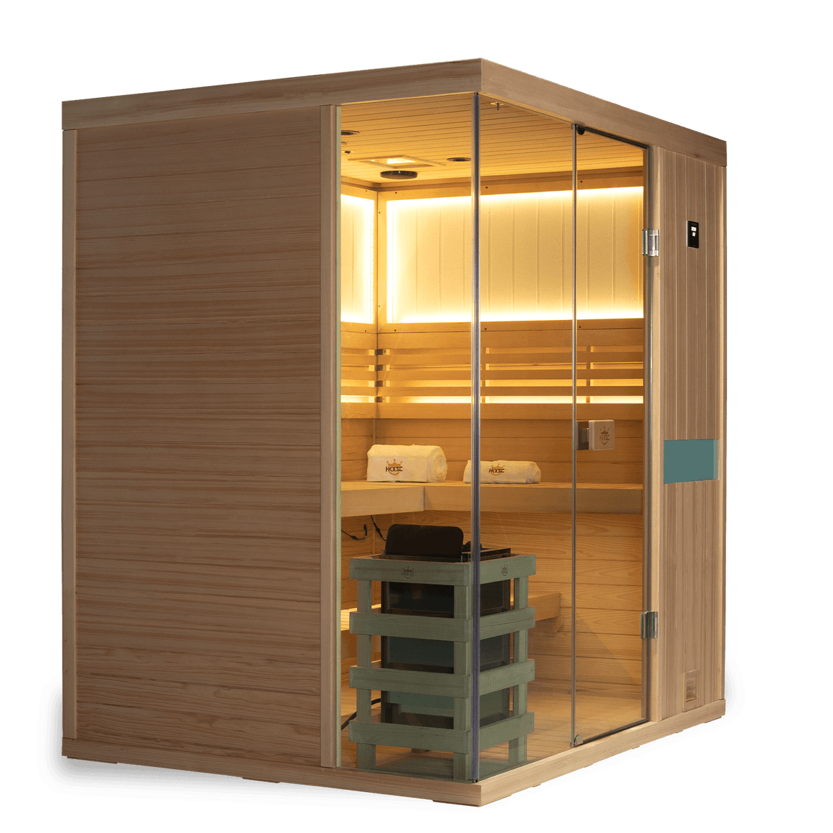 4 Person hemlock traditional steam sauna placed in home basement, equipped with negative ion generator and 660nm red light panels