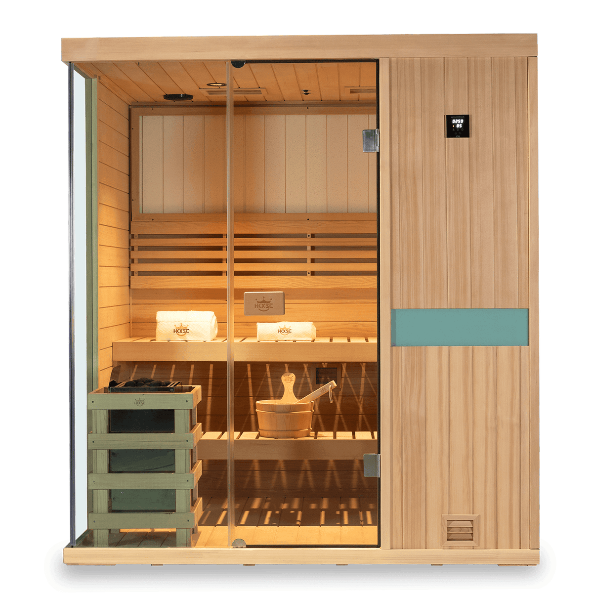 Upgraded traditional hemlock steam sauna for 4 users, indoor home wellness cabin with negative ion air purification