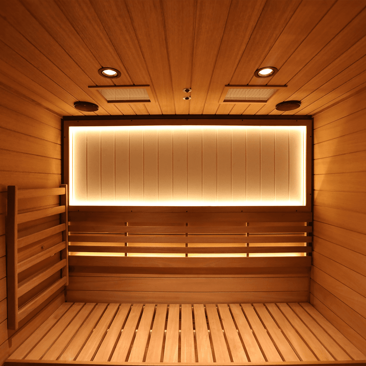 Detailed shot of door on HKXSC upgraded indoor 3-person mahogany steam sauna 703STU