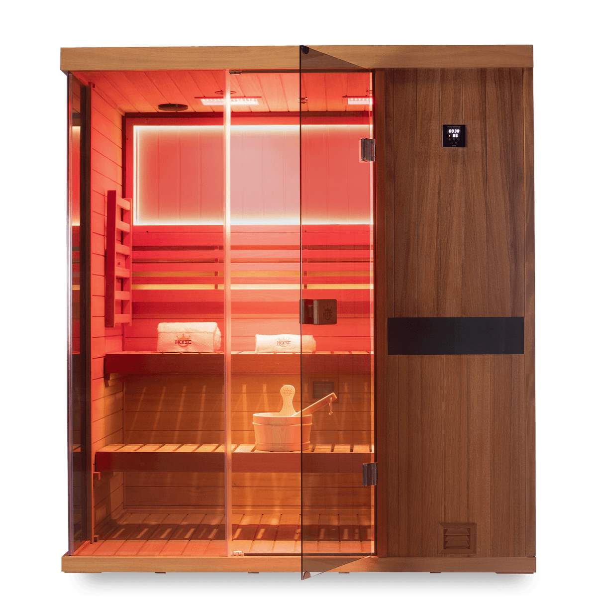 Upgraded HKXSC 703STU indoor steam sauna, natural mahogany finish 3-person capacity