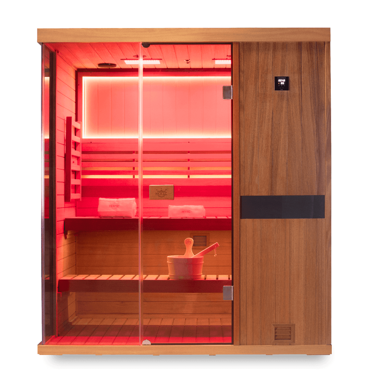Lifestyle photo of HKXSC 703STU mahogany 3-person steam sauna in residential room