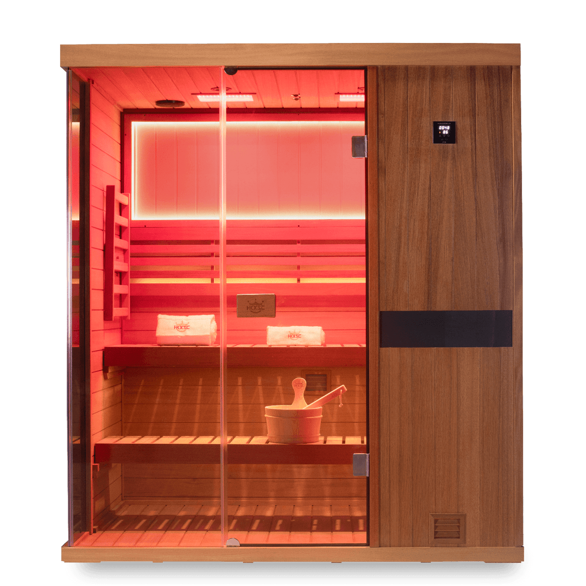 Cozy home interior with HKXSC 703STU upgraded mahogany 3 person steam sauna