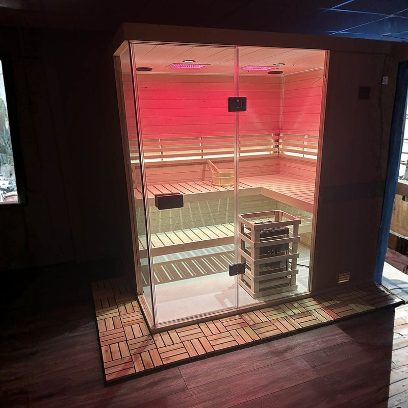 Complete home steam sauna package compatible with outdoor garden and ventilated garage spaces, includes all installation hardware and maintenance accessories