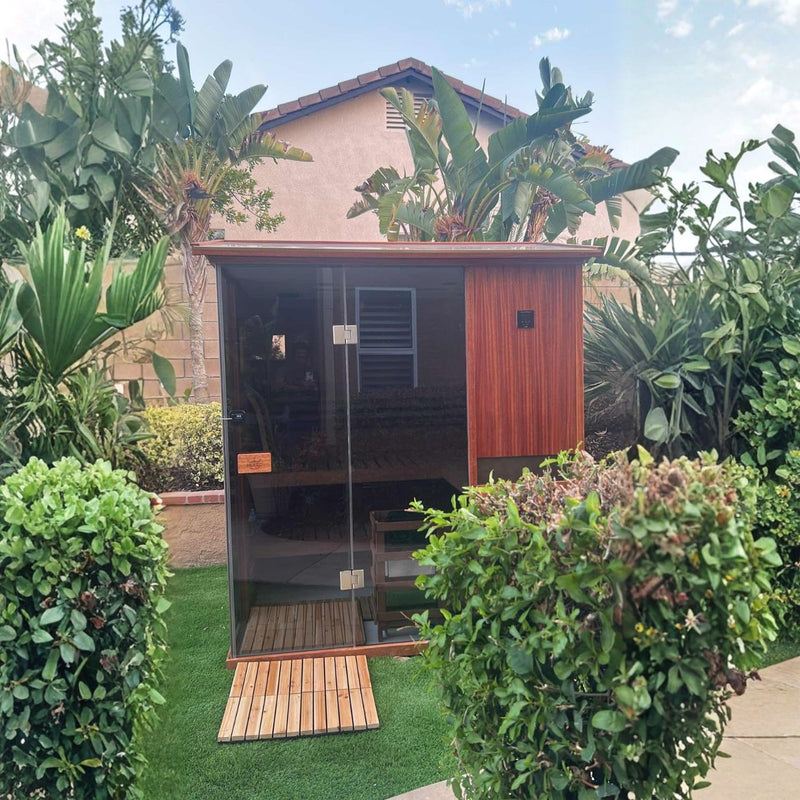 Premium Wood Finish Negative‑Ion backyard Steam Sauna
Front‑on shot of HKXSC steam sauna cabin, clear glass door, natural mahogany, negative‑ion steam system