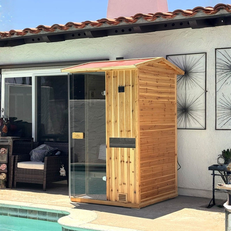 1 Person Outdoor Solid Wood Steam Sauna with 240V Heater, Tempered Glass Door, Home Spa Sauna Cabin with Protective Cover & Floor Mat